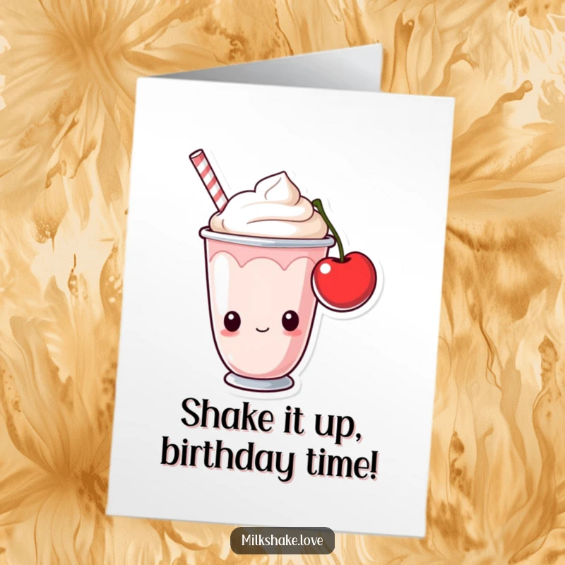 Funny Free Printable Birthday Card featuring a curious milkshake cup peering intently at a cherry, ready for a sweet celebration.
