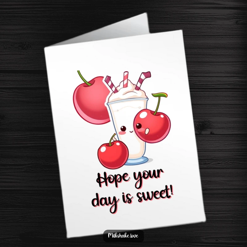 Funny Free Printable Birthday Card: A shy milkshake peeks from behind a giant cherry, offering a sweet birthday wish.