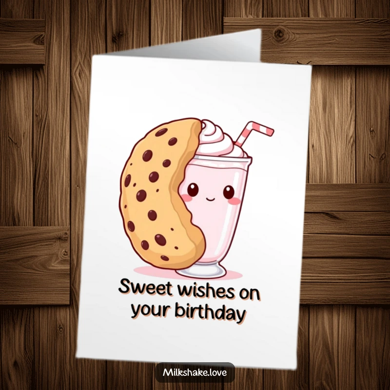 Funny Free Printable Birthday Card: A shy kawaii milkshake peeks from behind a giant, delicious cookie.