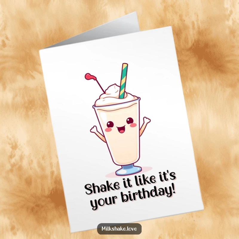 Funny Free Printable Birthday Card: Kawaii milkshake with a colorful straw striking a confident, fun pose, looking awesome.