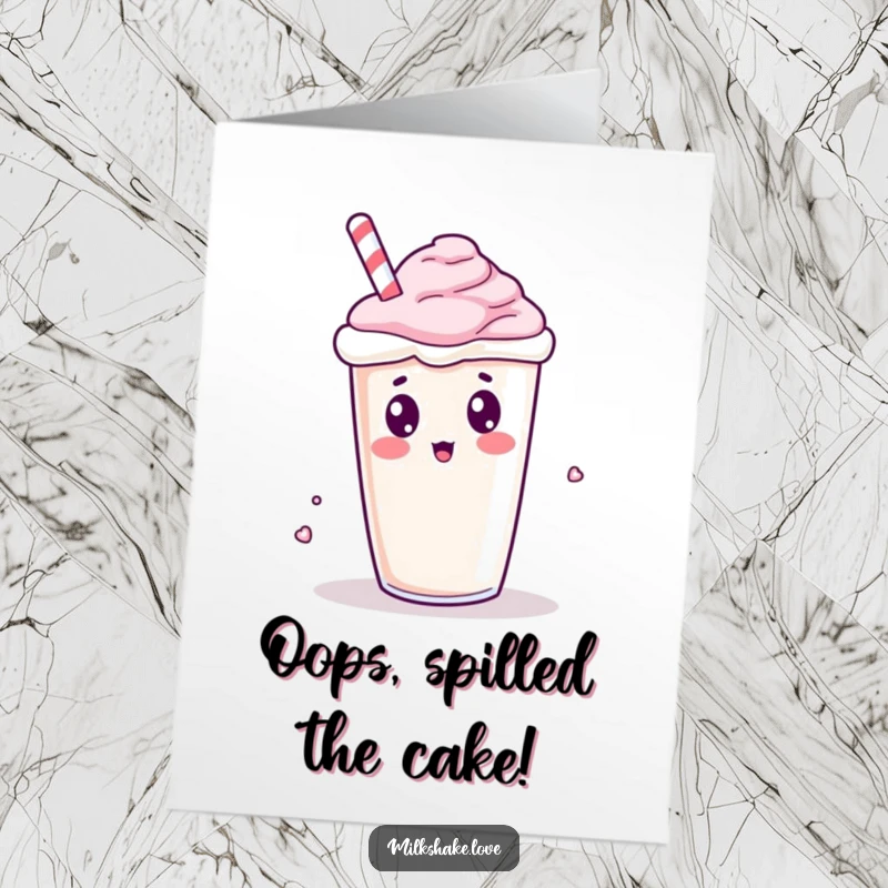 Funny Free Printable Birthday Card: Kawaii milkshake tipping over, eyes wide, with a shocked expression, ready to spill.