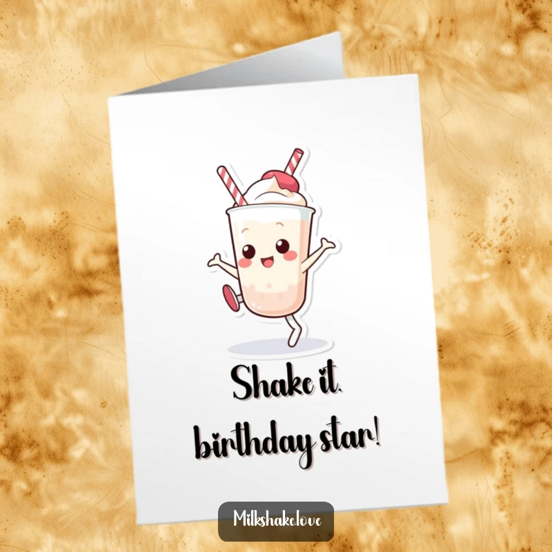 Funny Free Printable Birthday Card: A Kawaii milkshake doing a joyful cartwheel, spreading birthday cheer.