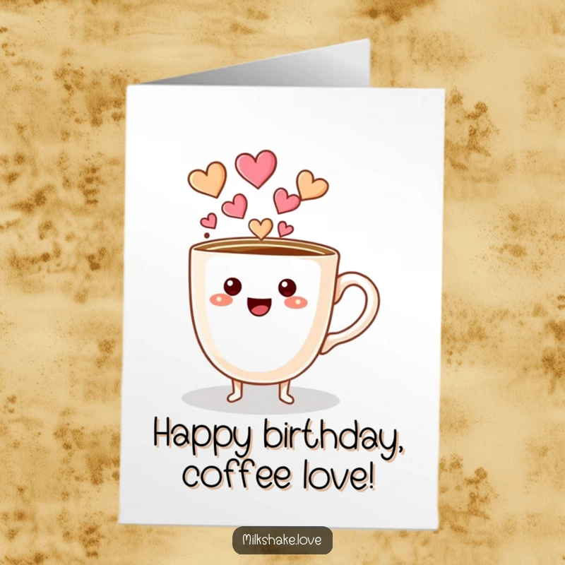 Funny Free Printable Birthday Card: Coffee cup character with tiny feet joyfully pouring out a stream of red hearts.