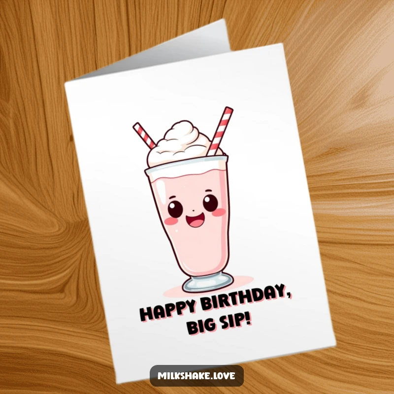Funny Free Printable Birthday Card: Kawaii milkshake with a huge smile happily taking a big, satisfying sip.