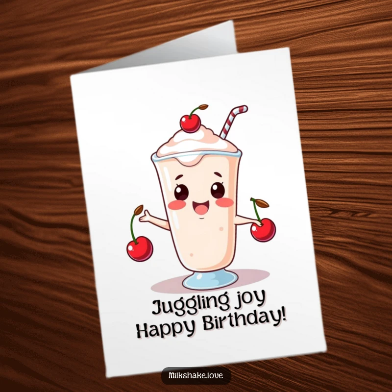 Funny free printable birthday card: a happy kawaii milkshake juggles three tiny cherries with a cheerful expression.