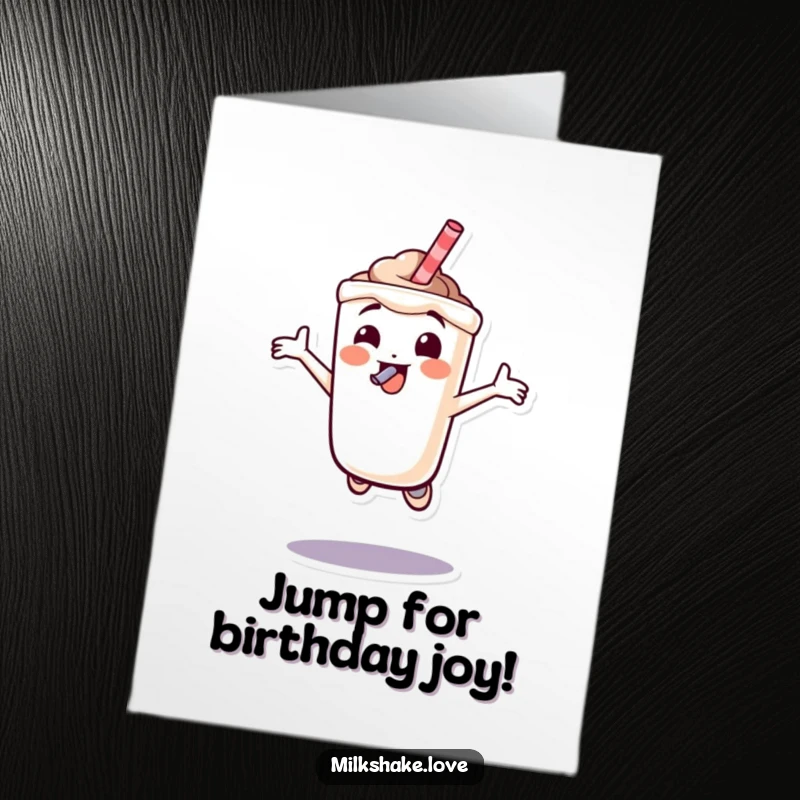 Funny Free Printable Birthday Card: A milkshake character joyfully jumping high with a straw in its mouth, downloadable.