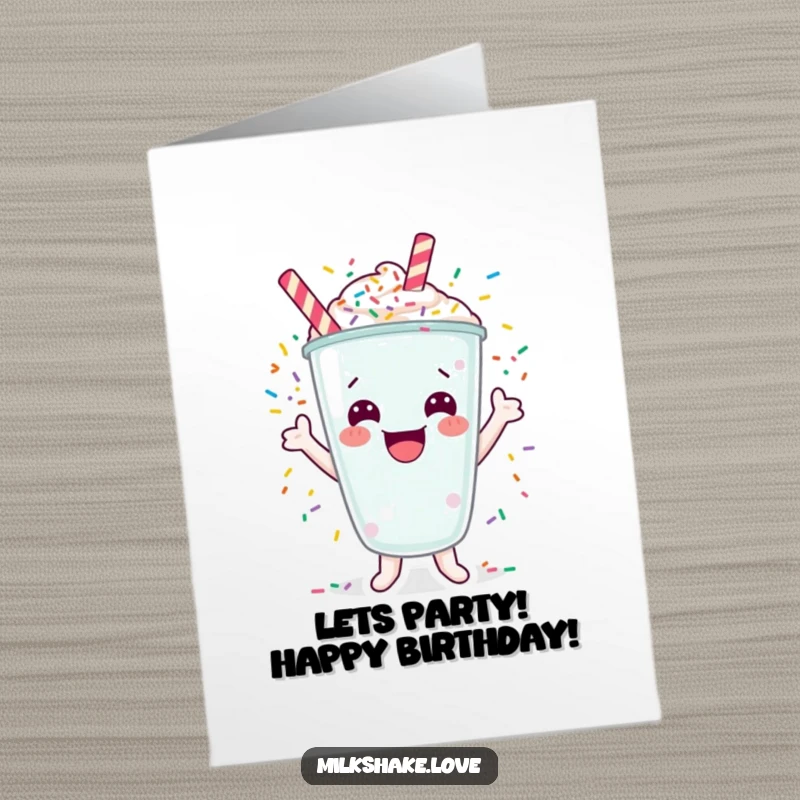 Funny Free Printable Birthday Card: A happy milkshake cheers with colorful sprinkles exploding, perfect for a festive occasion.