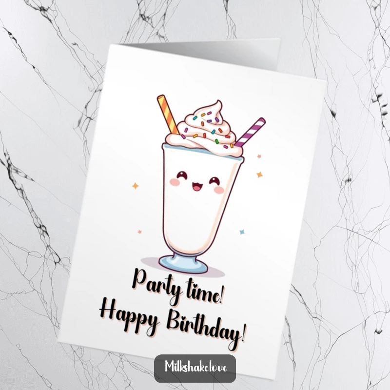 Funny Free Printable Birthday Card featuring a Kawaii milkshake with whipped cream and sprinkles, enthusiastically cheering for the birthday person.