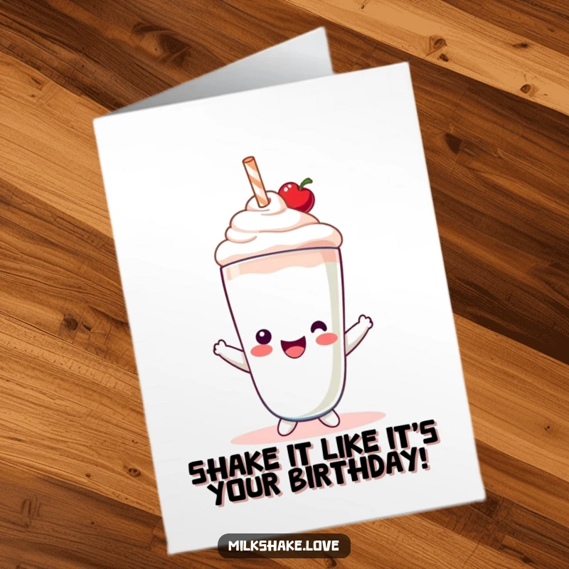 Funny Free Printable Birthday Card: A cute Kawaii milkshake character grins, wearing a tiny red cherry hat.