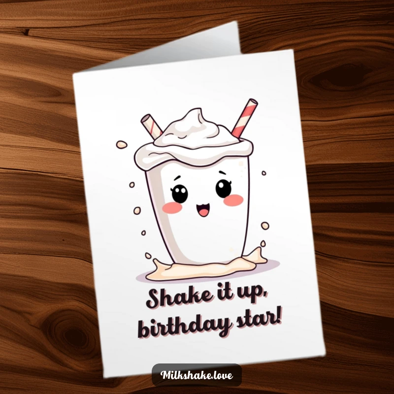 Funny Free Printable Birthday Card featuring a kawaii milkshake character playfully splashing its contents, adding a sweet, humorous touch.