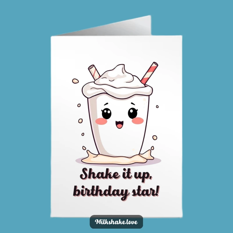 Free Printable Birthday Card: Kawaii Milkshake Splash - Funny Downloadable Gift for Sweet Celebrations
