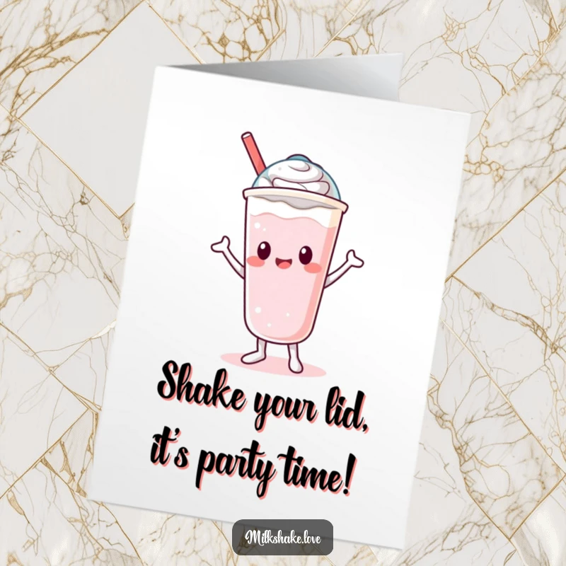 Funny Free Printable Birthday Card: A Kawaii milkshake character does a silly dance while its lid wobbles.