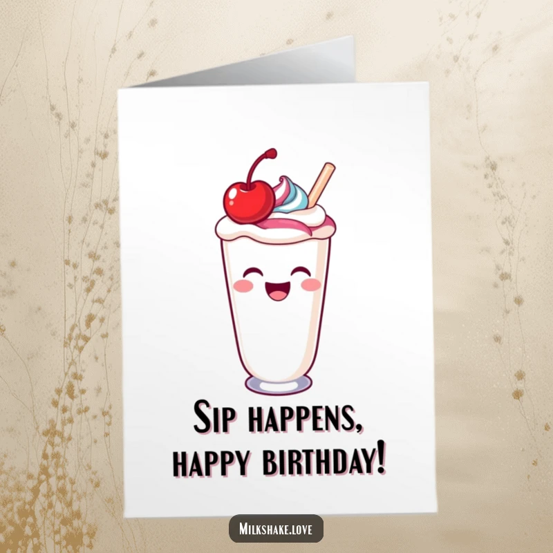 Funny Free Printable Birthday Card: A laughing kawaii milkshake with a cherry top spills a colorful swirl, celebrating joyfully.