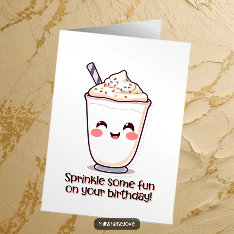 Funny Free Printable Birthday Card: Kawaii milkshake character making a goofy face, with sprinkles adorning its silly expression.