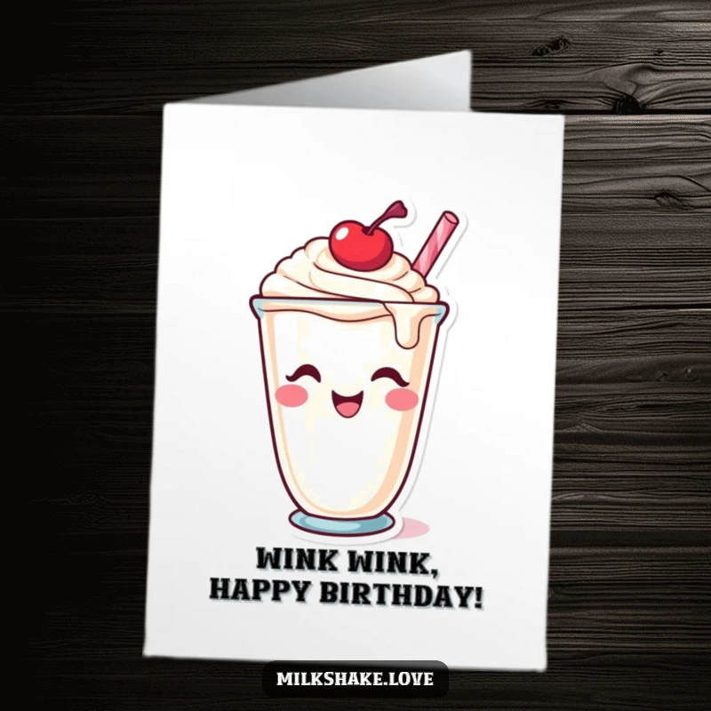 Funny Free Printable Birthday Card featuring a milkshake cup character winking with a cherry on top.