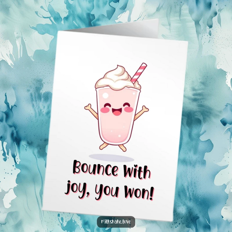 Funny Free Printable Congratulations Card: A kawaii milkshake character in mid-bounce, radiating pure happiness and confetti.