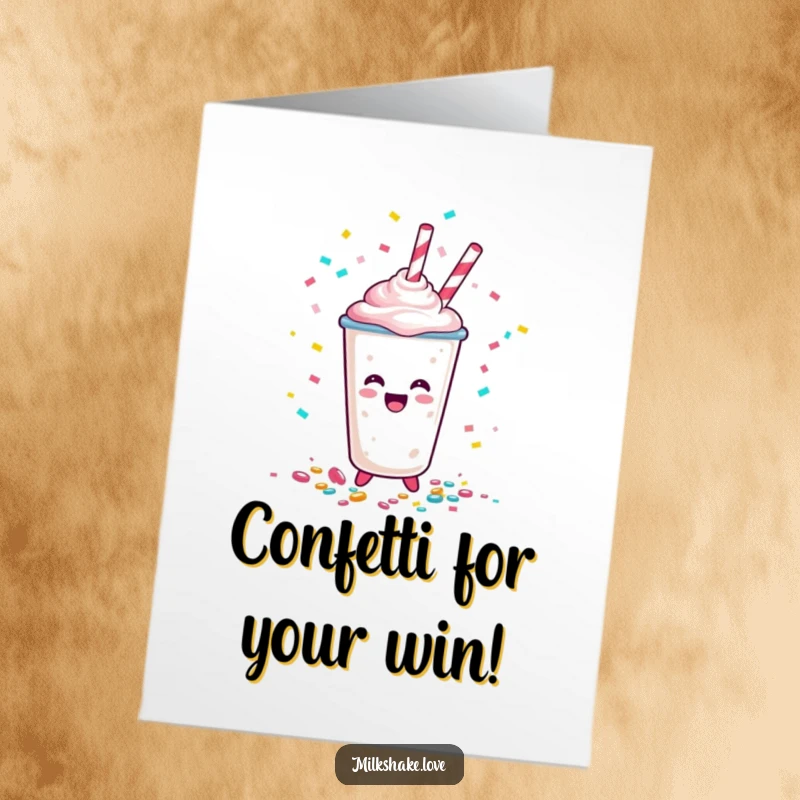 Funny Free Printable Congratulations Card: A happy milkshake cup character showering everyone with confetti.