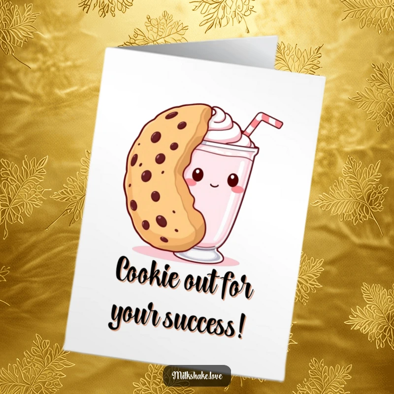 Funny Free Printable Congratulations Card: A shy kawaii milkshake peeks around a huge cookie.
