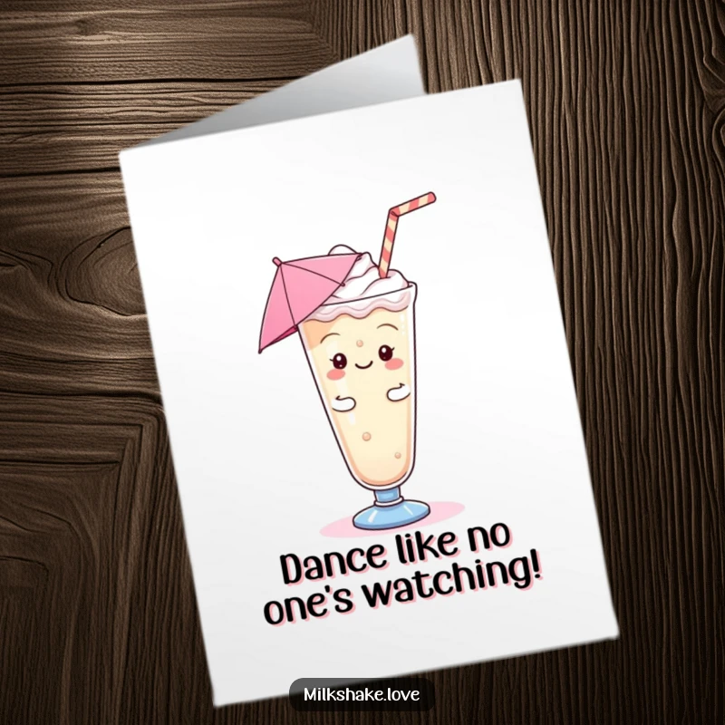 Funny Free Printable Congratulations Card: Kawaii milkshake with a small umbrella doing a goofy, energetic dance move.