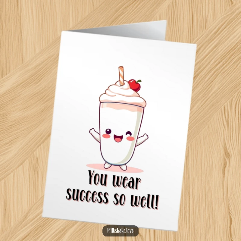 Funny Free Printable Congratulations Card: A cheerful Kawaii milkshake character wearing a cherry hat, raising a toast.