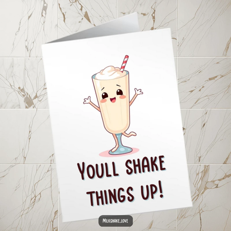 Funny Free Printable congratulations card showing a milkshake with legs dancing energetically to celebrate an achievement.