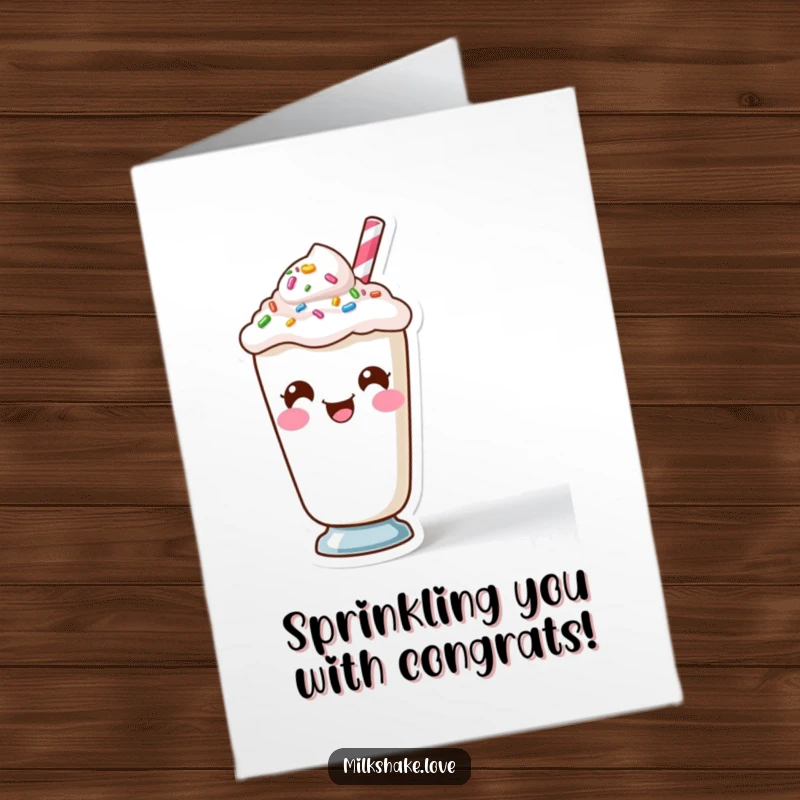 Funny Free Printable Congrats Card: Kawaii milkshake making a goofy face with sprinkles, celebrating achievements.