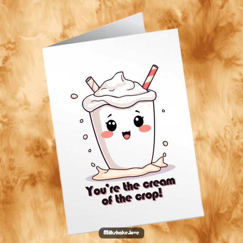 Funny Free Printable Congratulations Card with a kawaii milkshake character playfully splashing its contents, celebrating the win with sweetness.