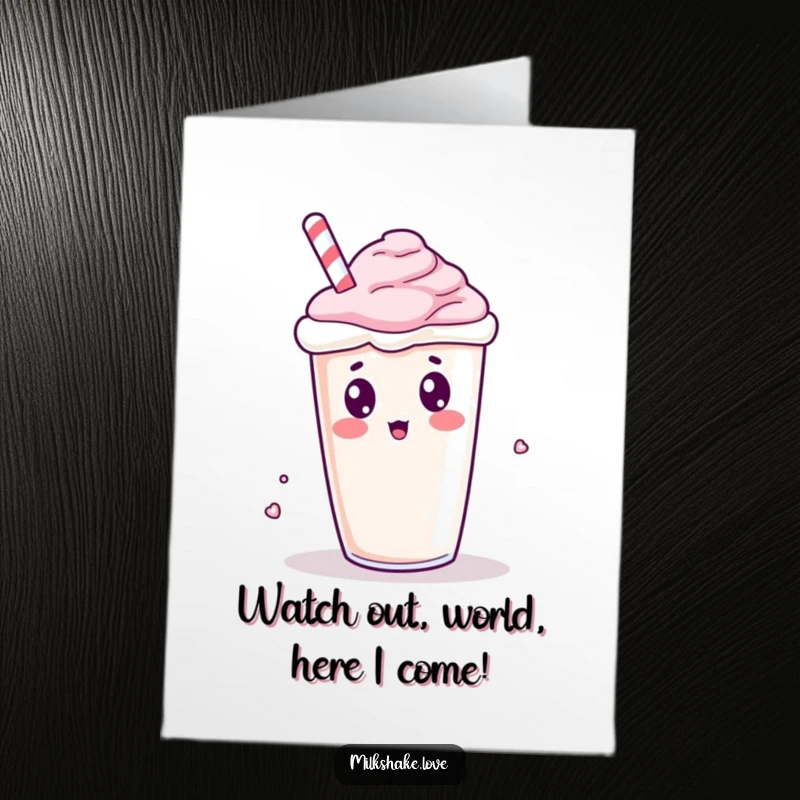 Funny Free Printable Congratulations Card: Kawaii milkshake tipping over in shock and disbelief, colorful drink splashing.