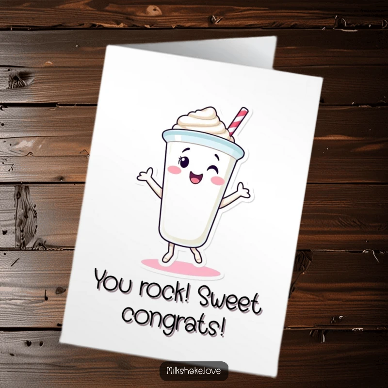 Funny Free Printable Congrats Card: A happy milkshake cup character dancing with excitement to congratulate someone.