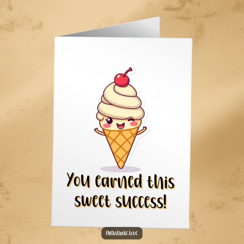 Funny Free Printable Ice Cream Congratulations Card: Happy ice cream cone topped with a cherry, spinning energetically to celebrate achievements.