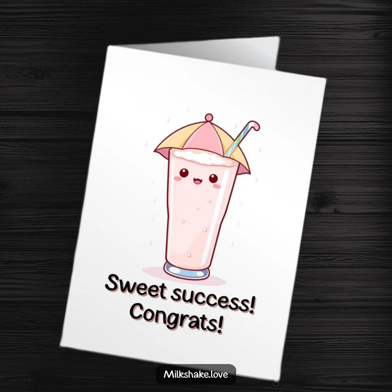 Funny free printable congratulations card: a kawaii milkshake with an umbrella savors a sweet, sugary rain.