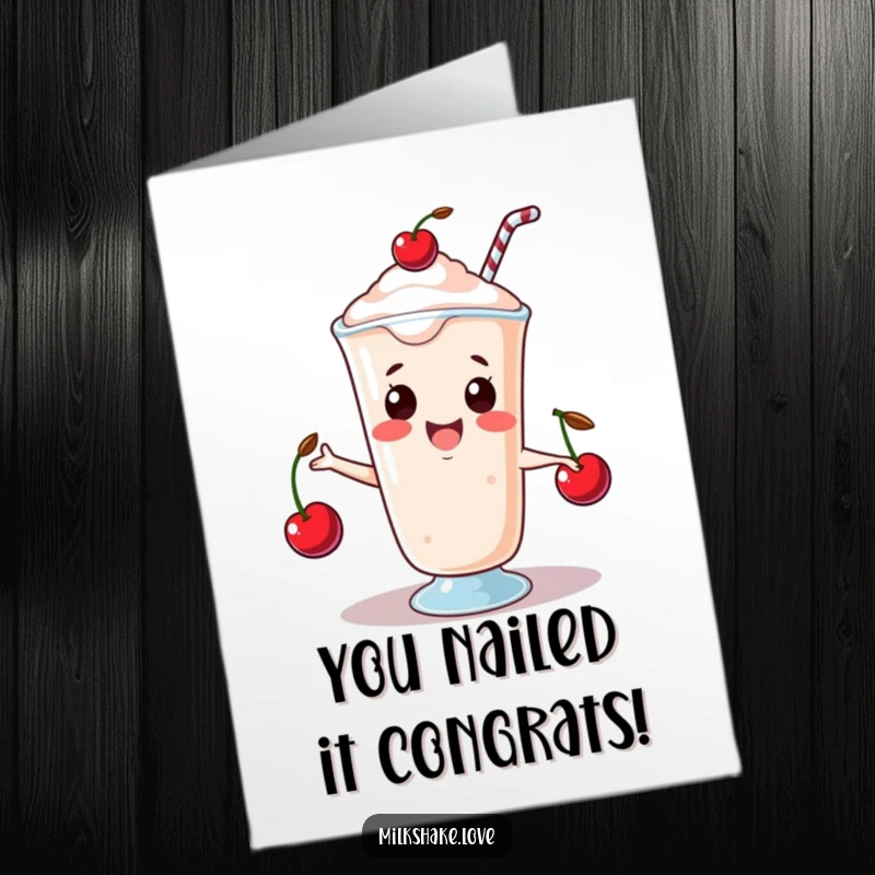 Funny free printable congratulations card: a kawaii milkshake happily juggles cherries, applauding your success.
