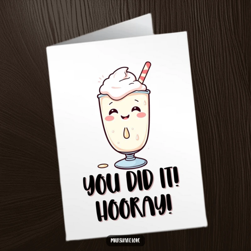 Funny Free Printable congratulations card: a cute Kawaii milkshake character caught giggling while spilling a small drop of its creamy beverage.