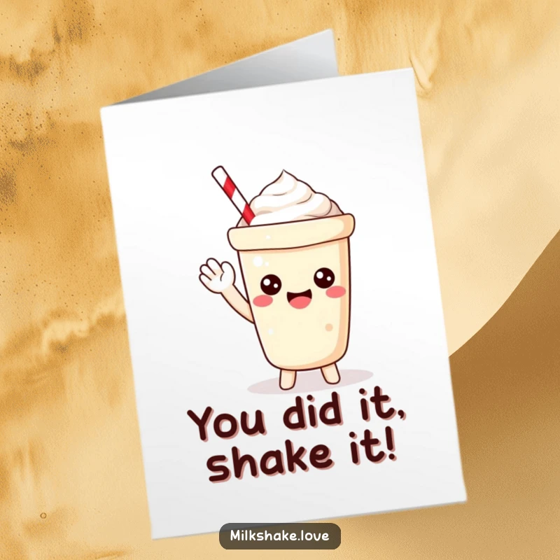Funny Free Printable Kawaii Milkshake Congratulations Card: cute character celebrating, ideal for any proud moment.