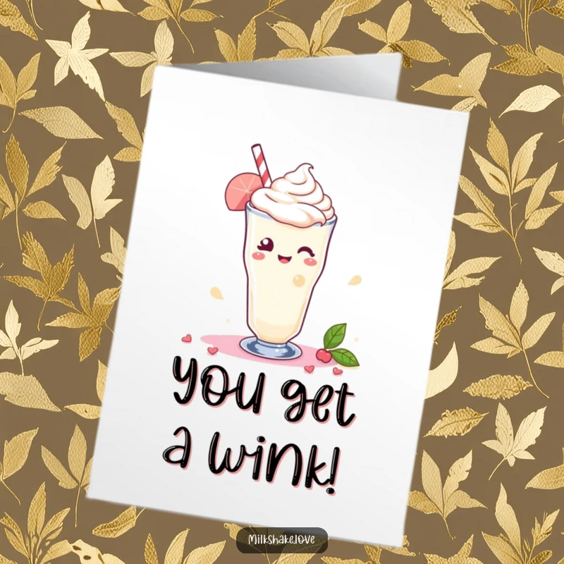 Funny Free Printable Kawaii Milkshake Congratulations Card: character winking, swirl of delight celebrating success.