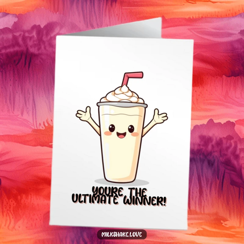 Funny Free Printable Congrats Card: A friendly milkshake waves heartily, celebrating a cheerful accomplishment with outstretched arms.