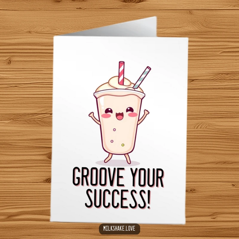 Funny Free Printable Kawaii Milkshake Congratulations Card: character shimmying playfully, straw dancing to celebrate success.