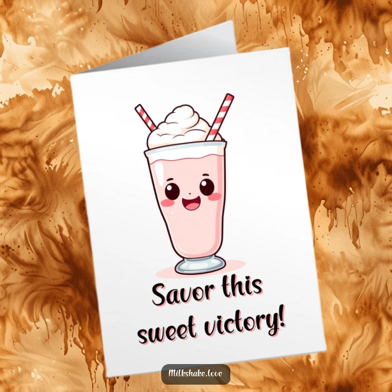 Funny Free Printable Congratulations Card: Kawaii milkshake with a big smile taking a large, contented sip of deliciousness.