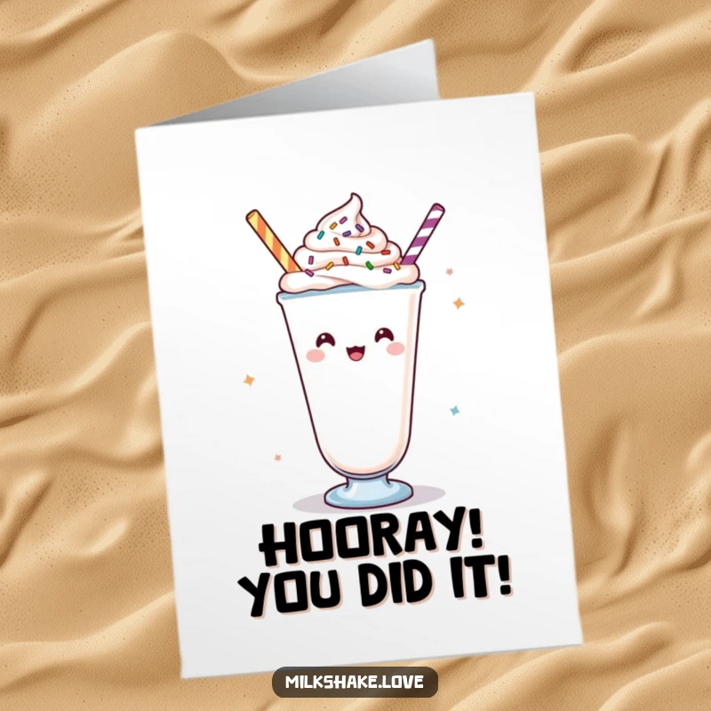 Funny Free Printable Congratulations Card showing a Kawaii milkshake with whipped cream and sprinkles gleefully cheering for an achievement.