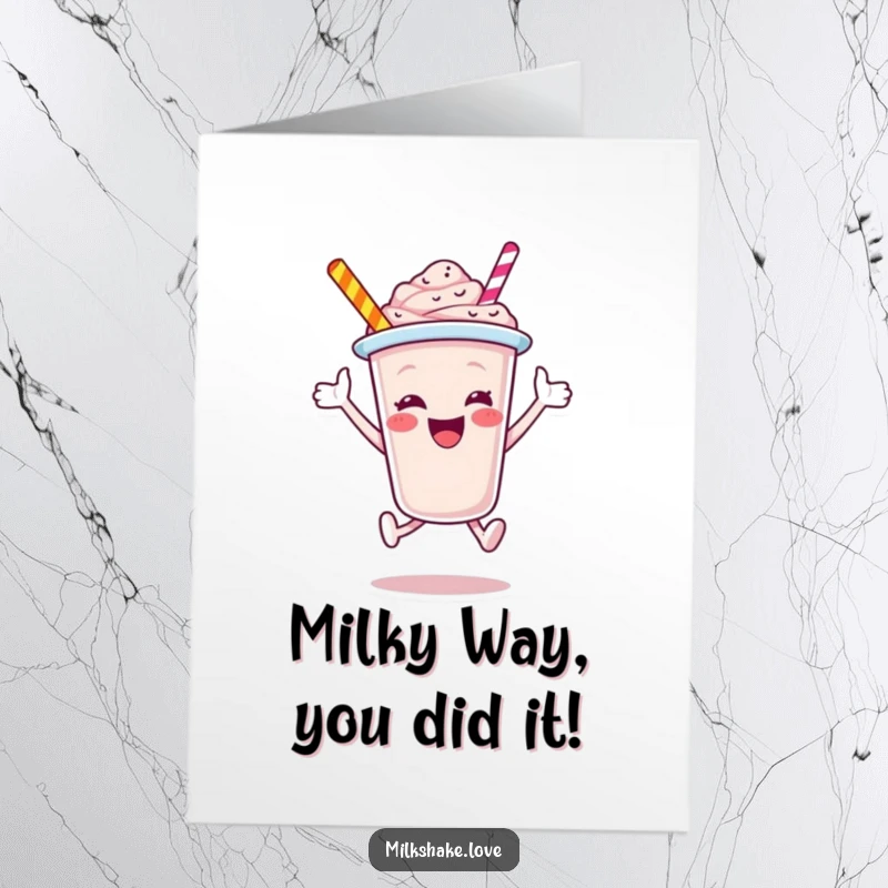 Funny Free Printable Congratulations Card: A jubilant milkshake cup character leaping joyfully, showering celebration.