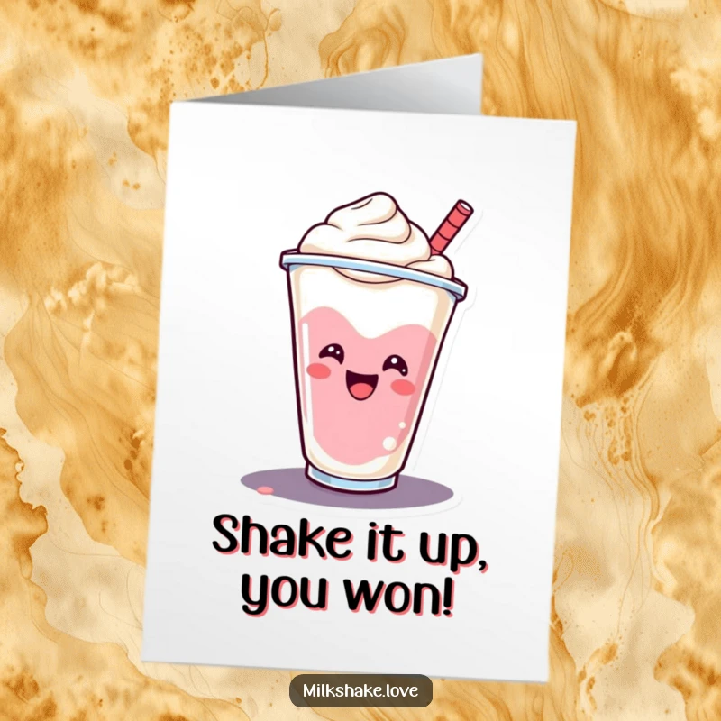 Funny Free Printable Congratulations Card: A smiling milkshake cup doing a cheerful spin to celebrate great news.