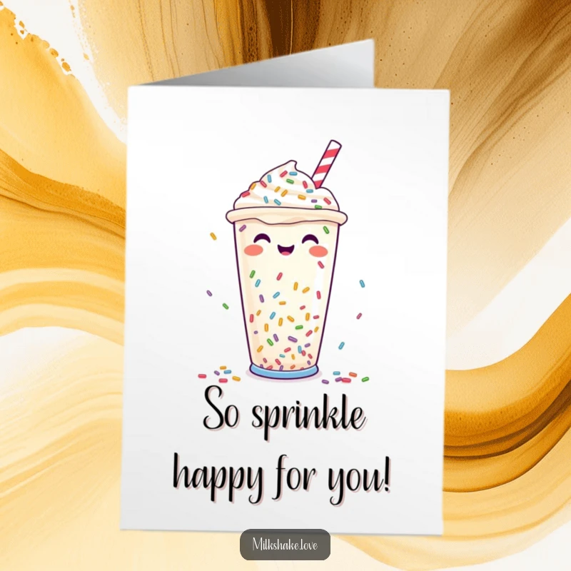 Funny Free Printable Congratulations Card showing a happy milkshake cup covered in raining colorful sprinkles.