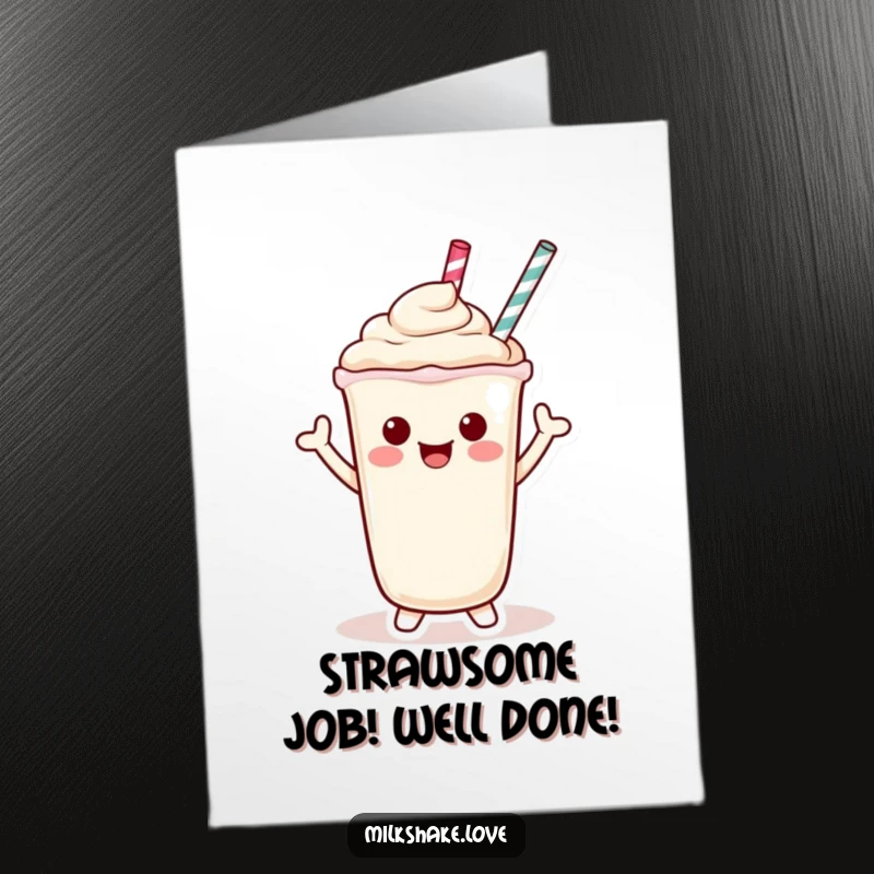 Funny Free Printable Congratulations Card: A happy Kawaii milkshake character waves cheerfully with its straw, celebrating.
