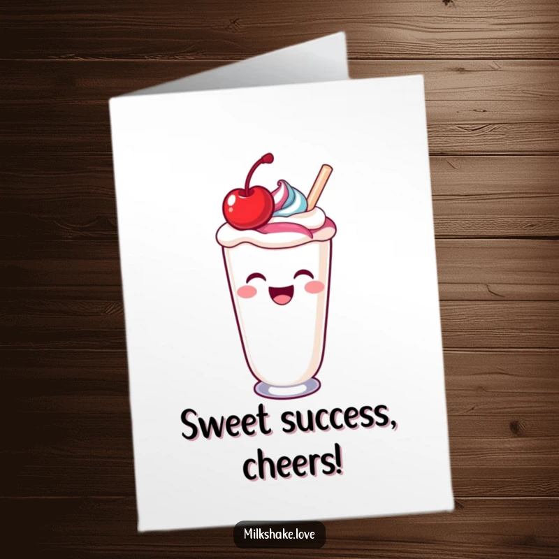 Funny Free Printable Congratulations Card: A laughing kawaii milkshake with a cherry spills a colorful swirl, celebrating an achievement.