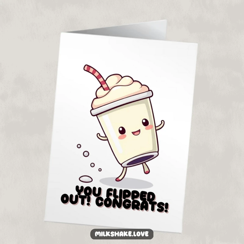 Funny free printable congratulations card: a kawaii milkshake performs a cartwheel, celebrating your fantastic achievement.