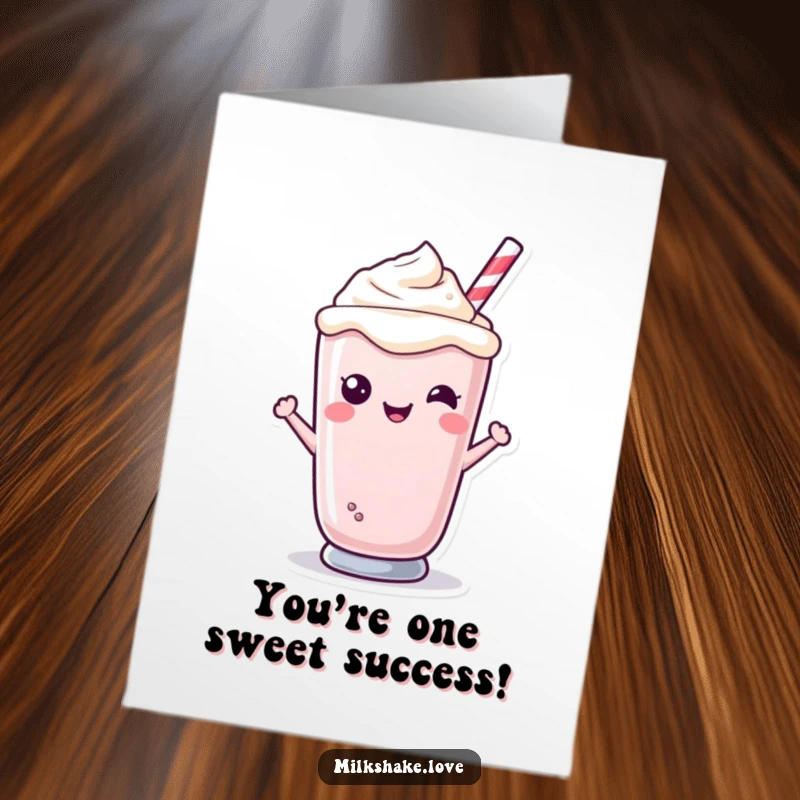 Funny Free Printable Congratulations Card with a kawaii milkshake character offering a sweet, beaming smile from its glass, celebrating success.