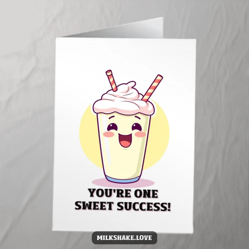 Funny Free Printable Congratulations Card featuring a giggling kawaii milkshake cheering with an energetic flourish.