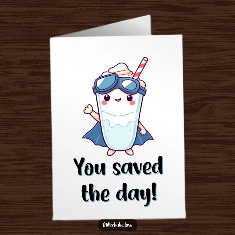 Funny Free Printable Congratulations Card: A Kawaii milkshake in superhero gear strikes a heroic pose, celebrating a monumental achievement.