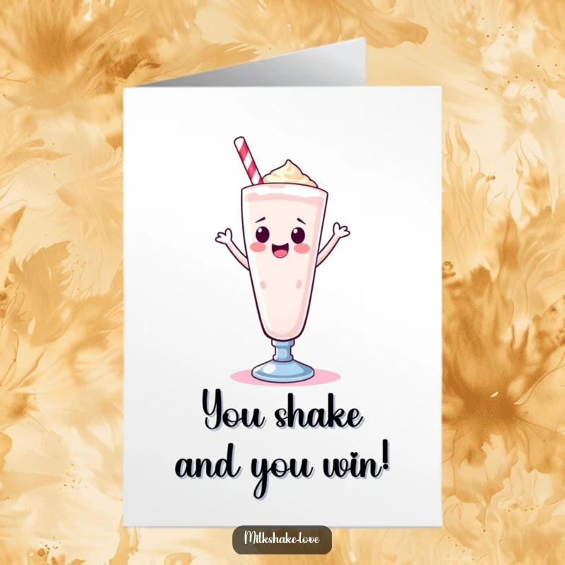 Funny Free Printable Congratulations Card: A Kawaii milkshake in a tall glass, energetically doing a happy dance to celebrate.