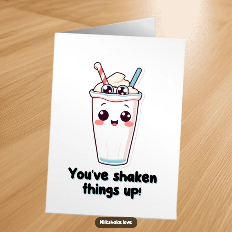 Funny Free Printable Congrats Card: An anthropomorphic milkshake with silly eyes tipping over in a playful manner, downloadable.